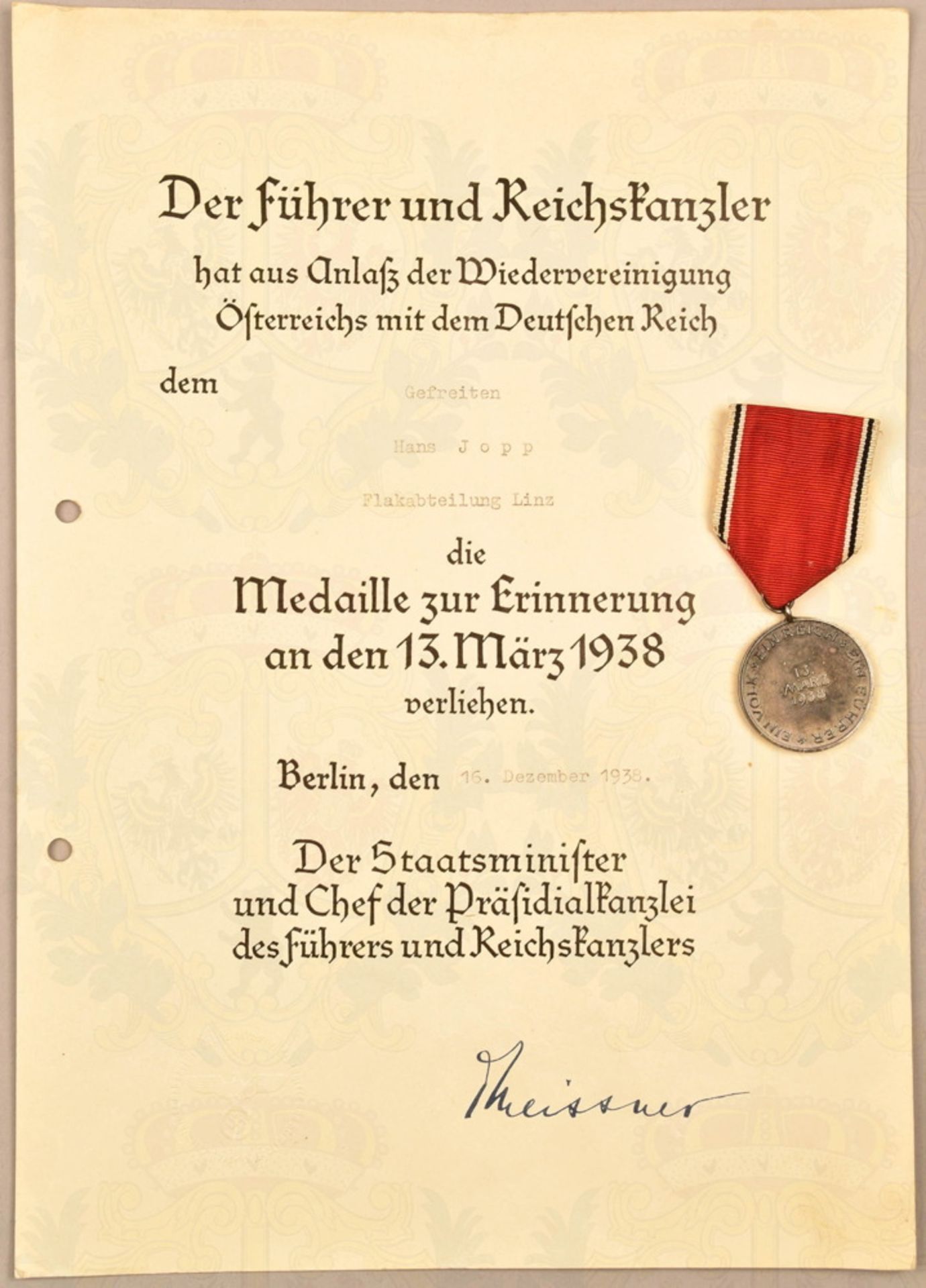 Medaille 13. März 1938 mit Verleihungsurkunde