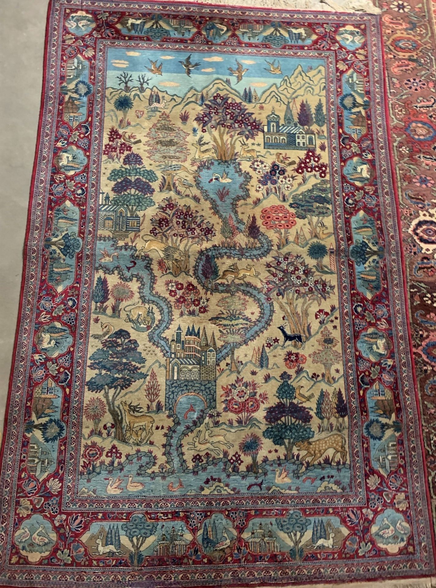 Antiker Wohl Isfahan Teppich mit Darstellungen