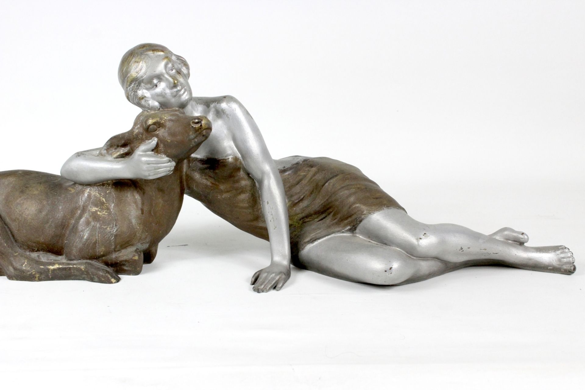 Riche, Louis ( 1877 - 1949 ) " Frau mit Reh " Bronzefigur Art Deco - Bild 3 aus 5