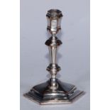 A George III Old Sheffield Plate hexagonal taper stick, knopped pillar, domed base, 13cm high