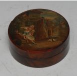 An early 19th century French Vernis Martin and burr circular snuff box, the push-cover painted
