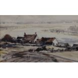 Jon Patterson, RAS (20th century) Farm on the Estuary signed, titled label to verso, watercolour,