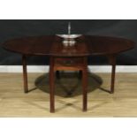 A 19th century mahogany gateleg table, oval top with fall leaves above a frieze drawer, the verso
