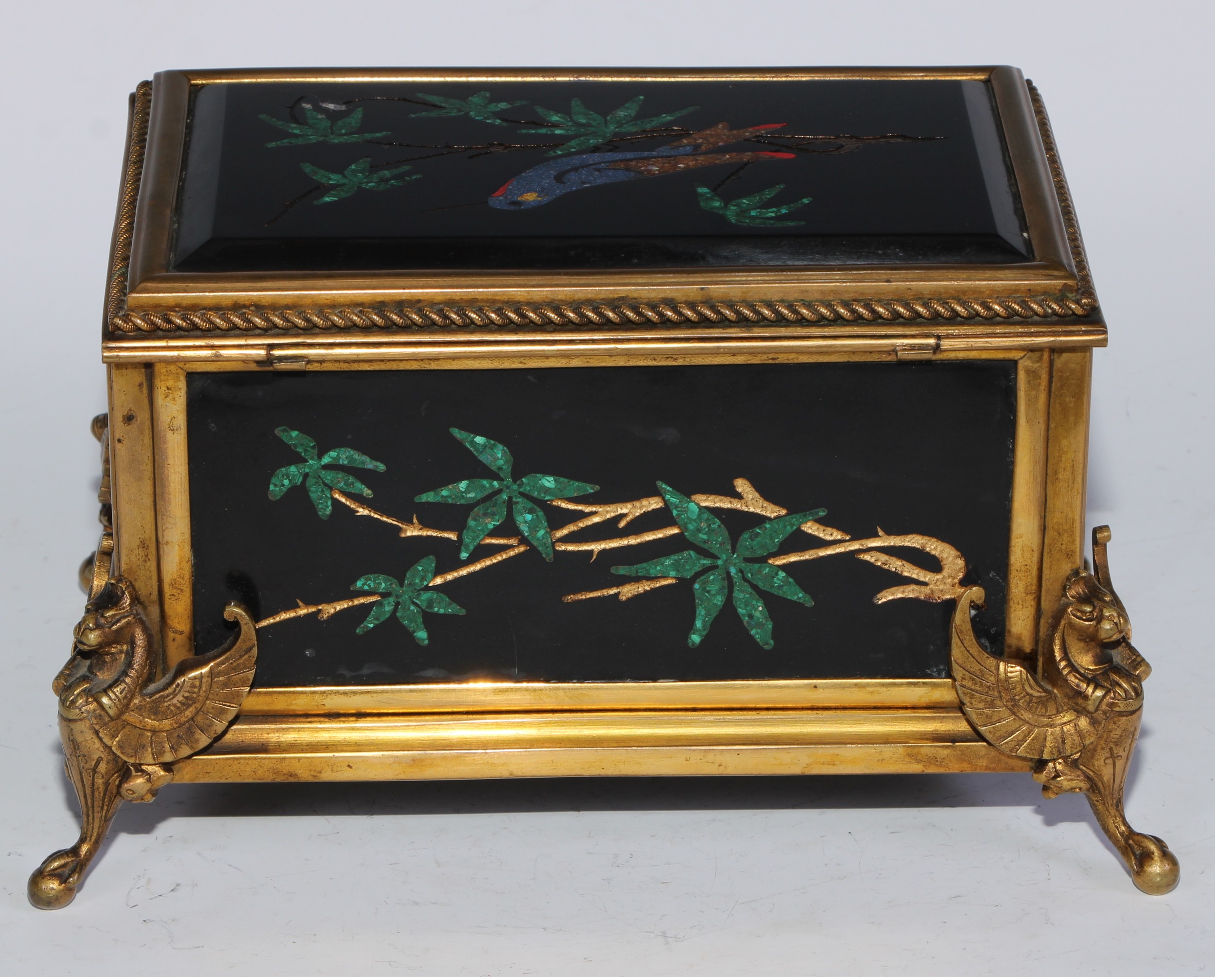 A 19th century ormolu and pietra dura casket, the top, front, sides and back each set with panels of - Image 5 of 6