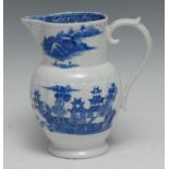 A Caughley/Coalport moulded jug, printed with chinoiserie landscapes in underglaze blue, 15.5cm