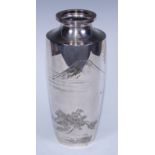 A Japanese silver shouldered ovoid vase engraved with a pine tree at the foot of Mount Fuji,
