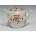 A Worcester globular teapot and cover, painted in Chinese export style with flowers in an oval