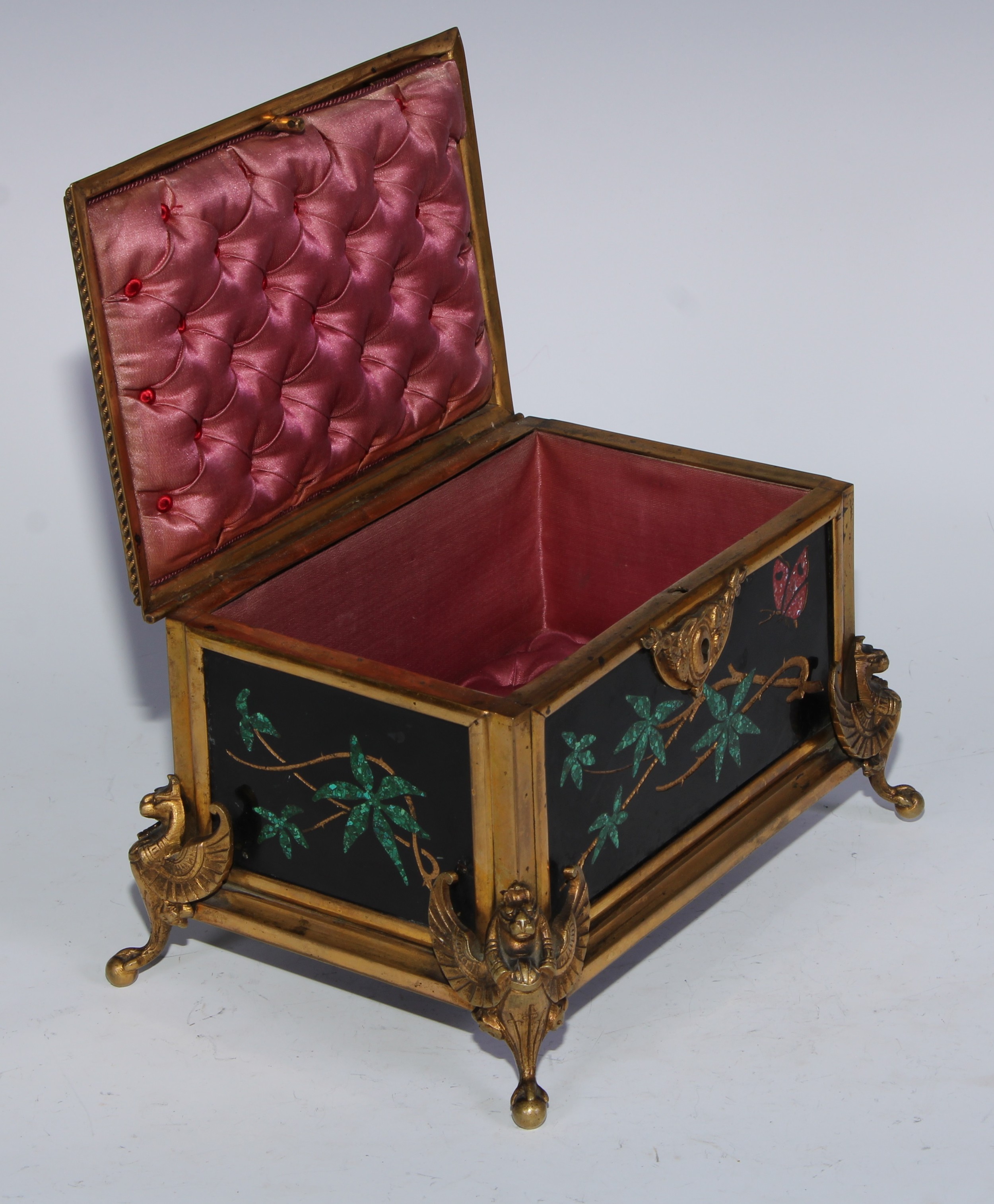 A 19th century ormolu and pietra dura casket, the top, front, sides and back each set with panels of - Image 3 of 6