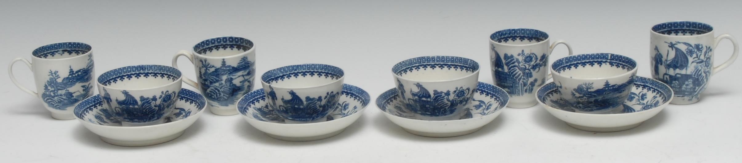 Four Caughley Fisherman pattern coffee cups, tea bowls and saucers, S marked in blue