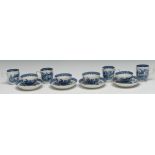 Four Caughley Fisherman pattern coffee cups, tea bowls and saucers, S marked in blue