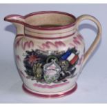 A Sunderland lustre ovoid jug, of Crimean War interest, transfer printed with arms, motto and