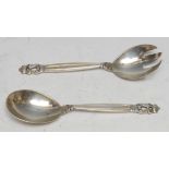 Georg Jensen - a pair of Danish silver Acorn pattern spoons, 16.5cm long, import marks for London