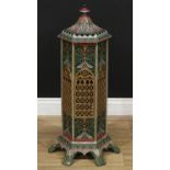 A Victorian cast metal pagoda-form hexagonal burner or heater, cast and polychrome decorated with