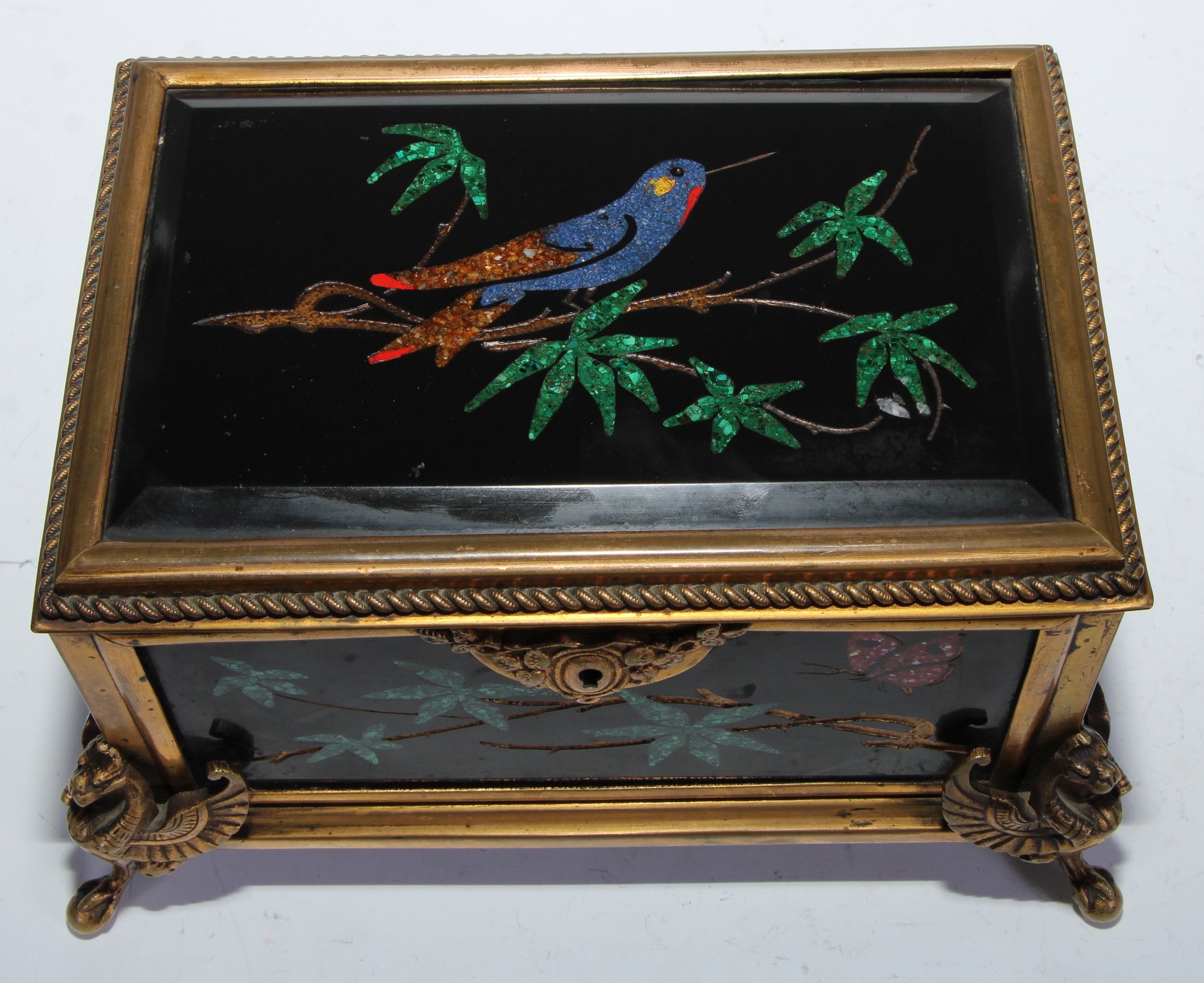 A 19th century ormolu and pietra dura casket, the top, front, sides and back each set with panels of - Image 6 of 6