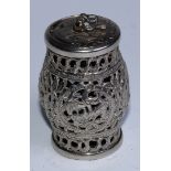 A Chinese silver coloured metal cricket box, sliding aperture cover, 7cm high