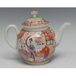 A Worcester globular teapot and cover, painted with Chinese figures, by a house and lake, in