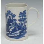 A Worcester cylindrical mug, printed with La Peche and La Promenade, 11.5cm high, c.1770