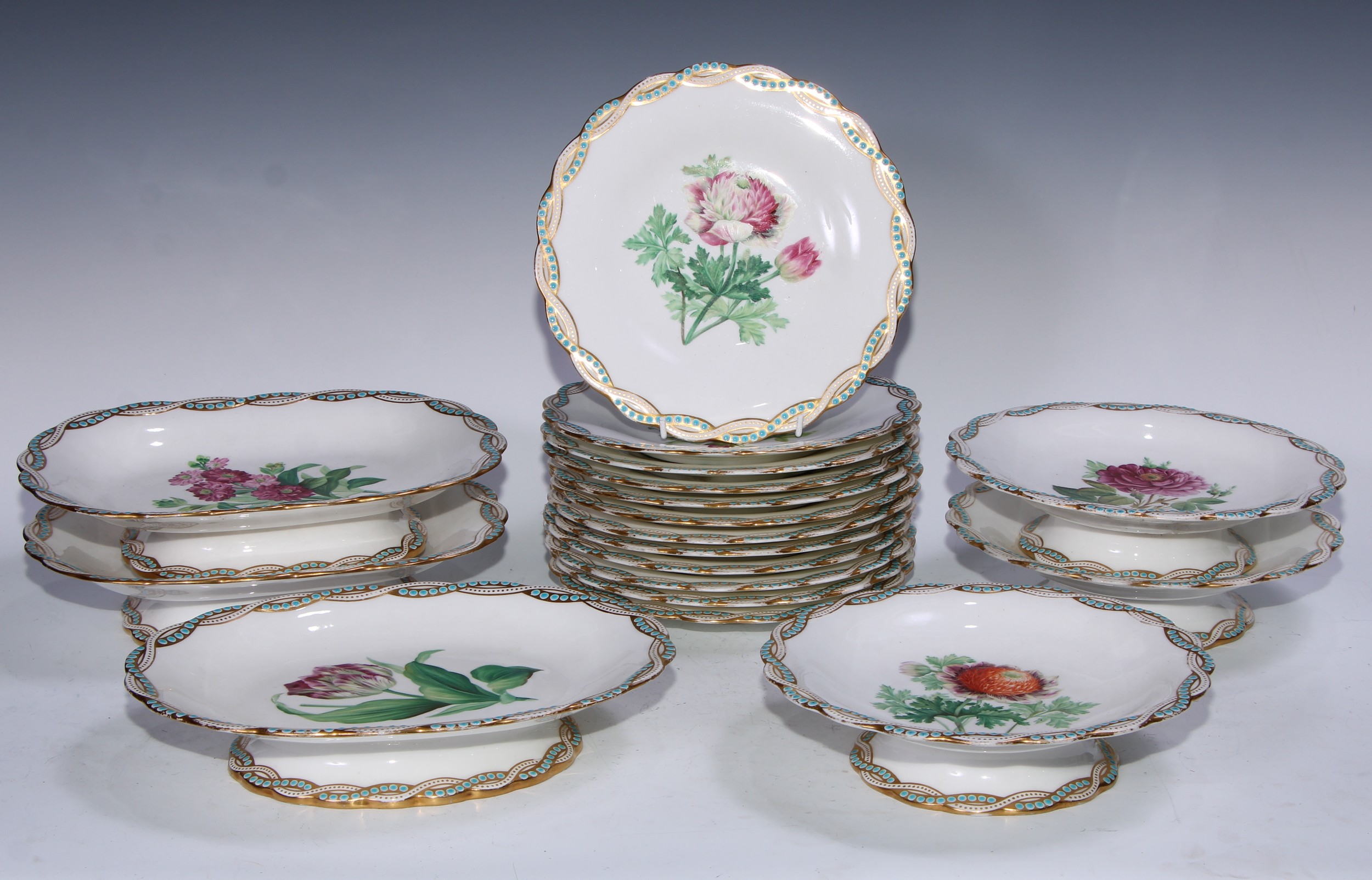 A Minton Botanical dessert service, comprising twelve shaped circular dinner plates, three