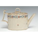 A Pinxton fluted teapot, decorated with a band of cornflowers and foliate sprigs, 16cm high,