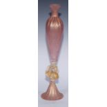 A Venetian slender ovoid vase, in pink picked out in gold aventurine, dolphin stem, fluted spreading