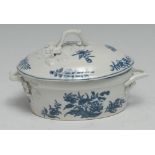 A Worcester Three Flowers pattern butter tub and cover, printed with flowers, moths and fruit,