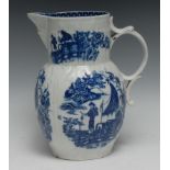 A large Caughley Cormorant pattern cabbage leaf moulded mask jug, printed in underglaze blue with