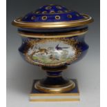 An English porcelain pedestal pot pourri urn, probably Coalport, of Sèvres inspiration, painted in