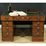 A 19th century mahogany partner's desk, rectangular top with inset tooled and gilt leather writing