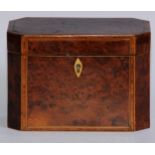 A George III canted rectangular yew wood tea caddy, the hinged cover and front outlined with