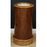 A Victorian mahogany cylindrical pot cupboard, turned top with inset marble panel, above a door