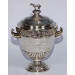 Horse Racing - an early 20th century American silver-gilt pedestal sweetmeat vase, inscribed The