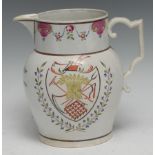 An early 20th century Pearlware jug, Success to the Grain Return, painted with a shield with farming