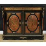 A 19th century French gilt metal mounted Boulle and ebonised side cabinet, hipped rectangular top