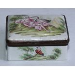 A George III South Staffordshire enamel rounded rectangular table snuff box, hinged cover painted