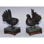 Japanese School (Meiji Period), a pair of dark-patinated bronzes, of quails, green marble and