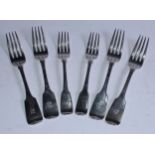 A set of four George IV Irish silver Fiddle pattern table forks, probably James Brady, Dublin