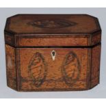 A George III satinwood and marquetry canted rectangular tea caddy, inlaid with navette shaped