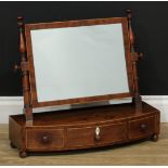 A 19th century mahogany dressing mirror, rectangular plate, ring-turned supports, bow-centre base