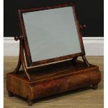 A 19th century mahogany dressing mirror, rectangular plate, forked supports, the base with a pair of