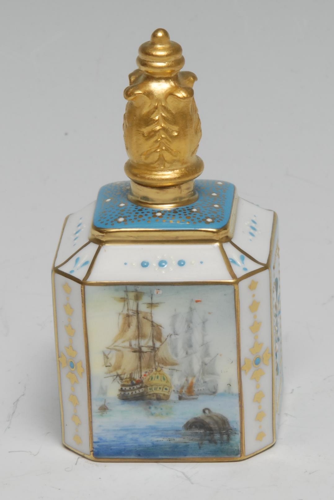 A Lynton porcelain canted square scent bottle, recto and verso with men-of-war at sea, the sides