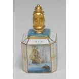 A Lynton porcelain canted square scent bottle, recto and verso with men-of-war at sea, the sides