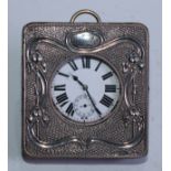 An Art Nouveau silver rounded square travelling timepiece case, embossed with stylised flowers on