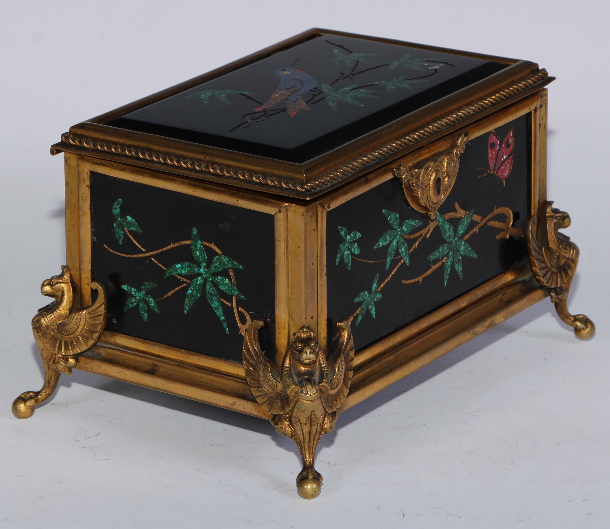 A 19th century ormolu and pietra dura casket, the top, front, sides and back each set with panels of - Image 2 of 6