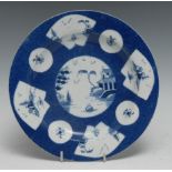 An English porcelain powder blue plate, probably Isleworth, painted with central circular panel