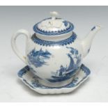 A Caughley Fisherman pattern teapot, cover and stand, cell border, 13cm high, the teapot and stand S