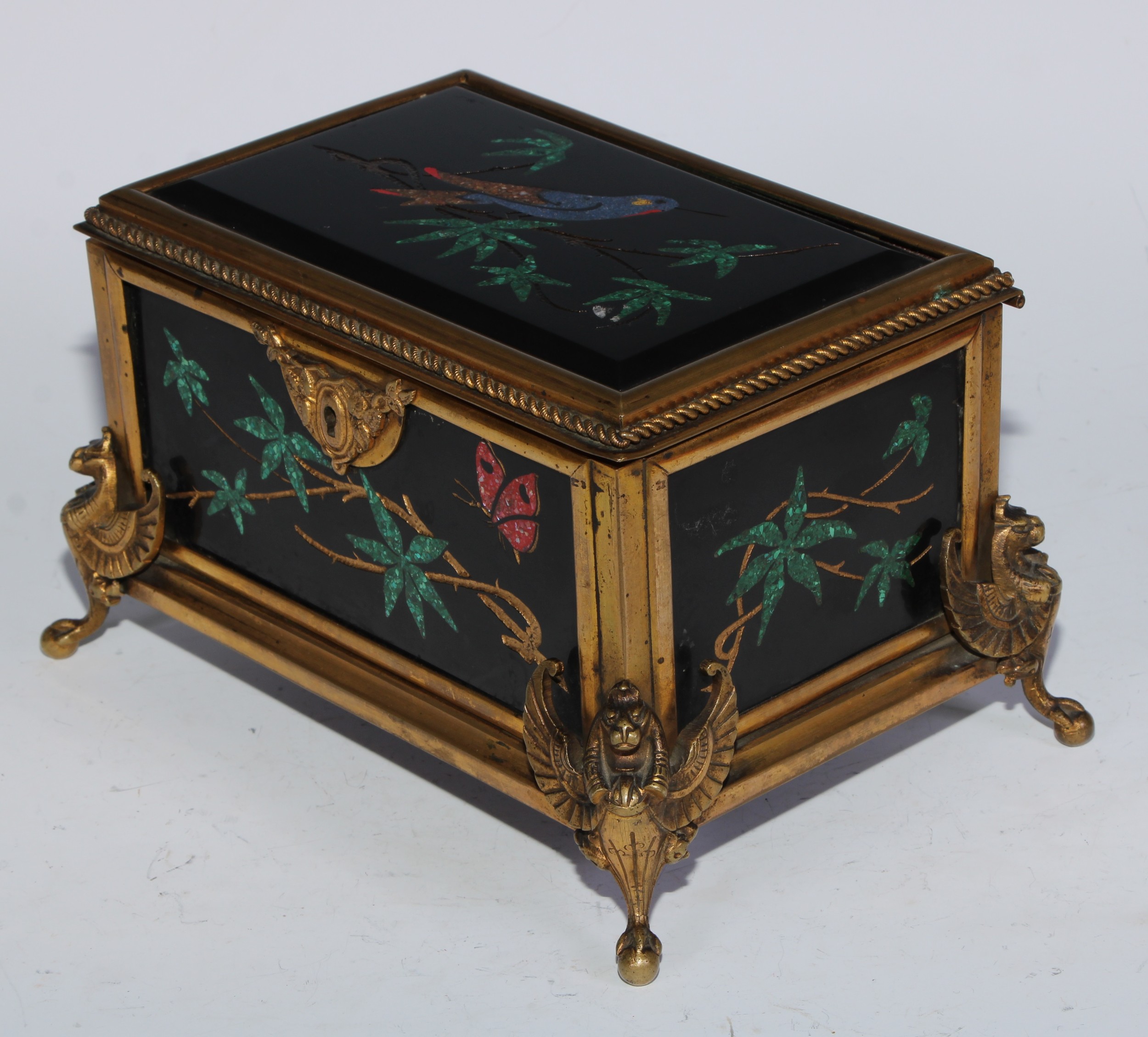 A 19th century ormolu and pietra dura casket, the top, front, sides and back each set with panels of - Image 4 of 6