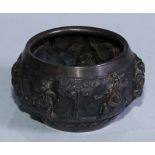 A Burmese silver bowl, repousse chased with figures and palm trees, 9cm diam, c.1880, 140g