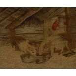 A Victorian woolwork, of two pigs at a trough, in a stable, 31cm x 38cm, framed