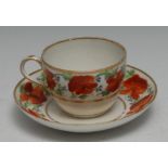 A Pinxton Bute shaped teacup and saucer, pattern 104, decorated with deep band of poppies, foliage