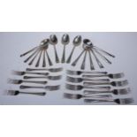 A George V silver canteen, comprising six table forks, six dessert forks, six soup spoons, six